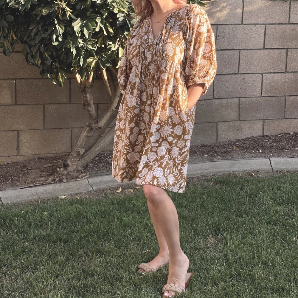 Short 3/4 Sleeve Balloon Mustard/Cream color dress